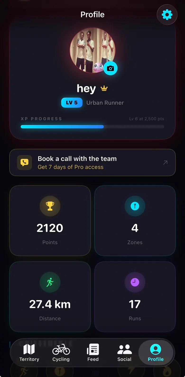 Own-it profile with XP progress to the next level and tiles for points, zones, distance and runs.